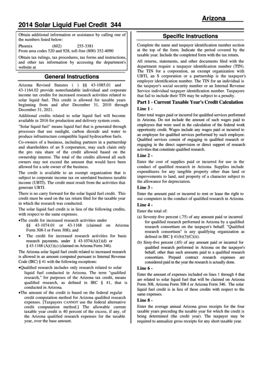 Instructions For Form 344 - Arizona Solar Liquid Fuel Credit - 2014 Printable pdf
