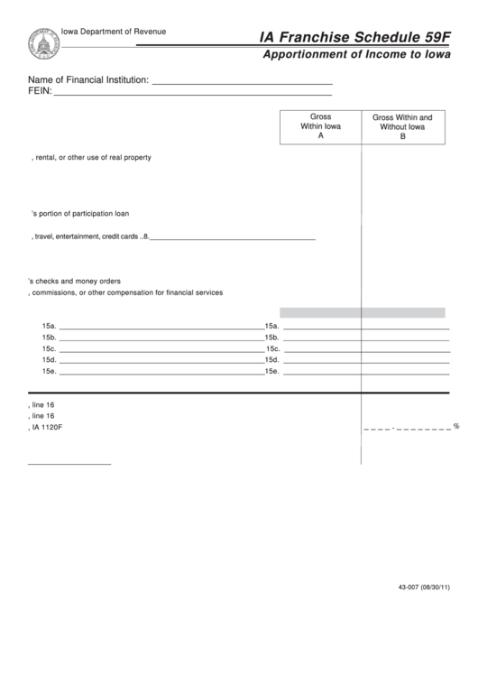Schedule 59f - Franchise Apportionment Of Income To Iowa Printable pdf
