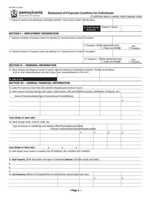 Form Rev-488 Fo - Statement Of Financial Condition For Individuals Printable pdf