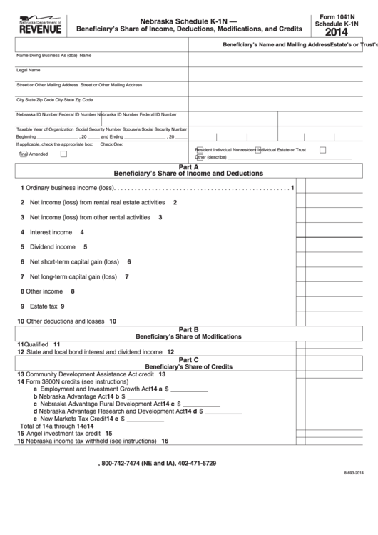 Fillable Schedule K-1n (Form 1041n) - Nebraska Beneficiary