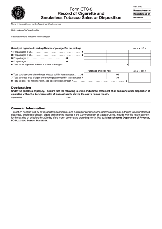 Fillable Form Cts-8 - Record Of Cigarette And Smokeless Tobacco Sales Or Disposition Printable pdf