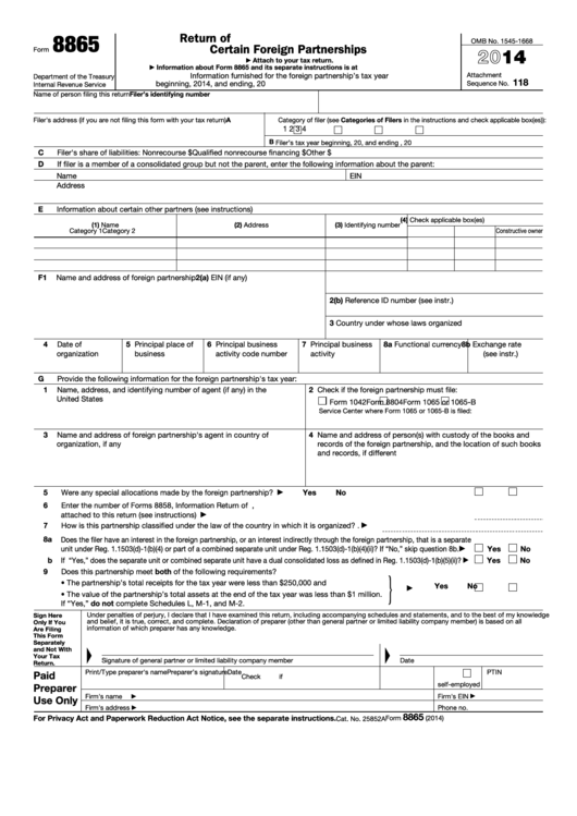 Fillable Form 8865 - Return Of U.s. Persons With Respect To Certain Foreign Partnerships - 2014 Printable pdf