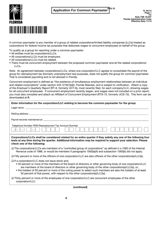 Form Rts-70 - Application For Common Paymaster Printable pdf