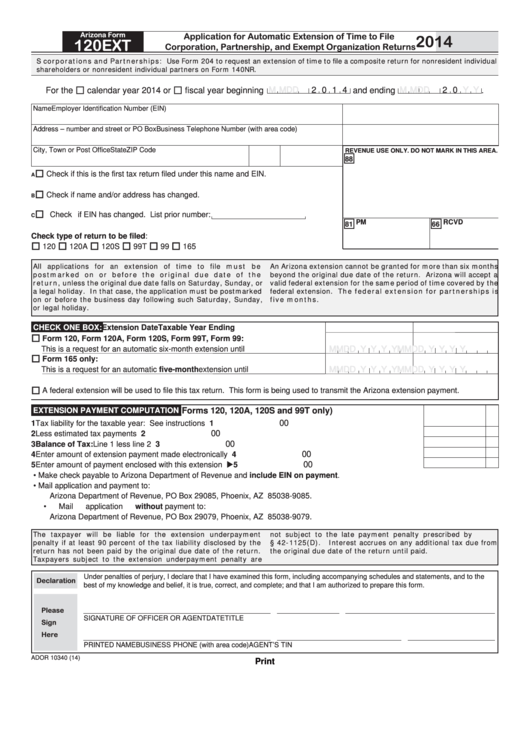 Fillable Arizona Form 120ext - Application For Automatic Extension Of Time To File - Corporation, Partnership, And Exempt Organization Returns - 2014 Printable pdf