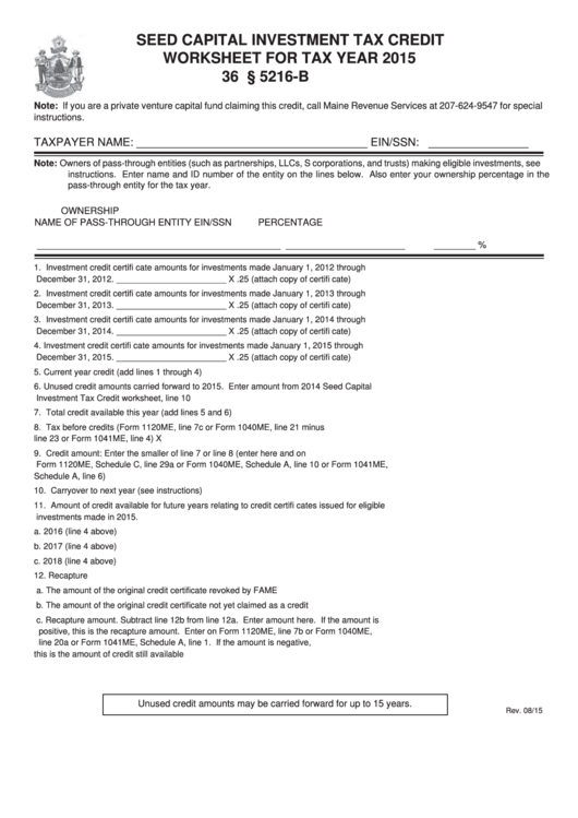 Maine Seed Capital Investment Tax Credit Worksheet For Tax Year 2015 Printable pdf