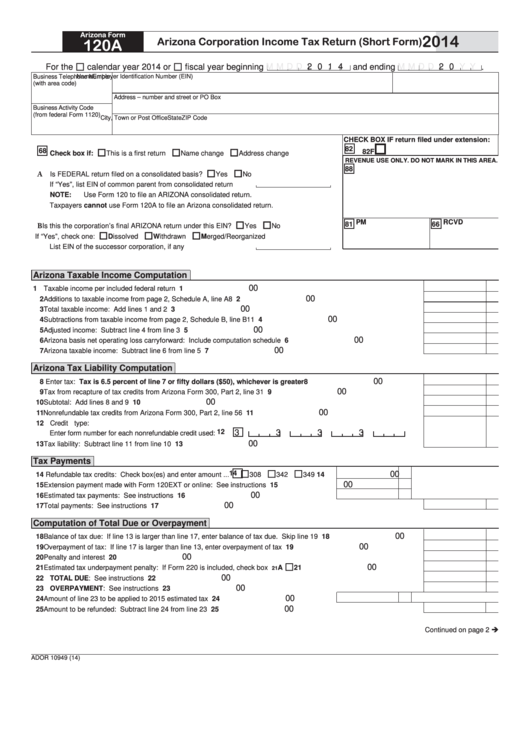 Fillable Arizona Form 120a - Arizona Corporation Income Tax Return (Short Form) - 2014 Printable pdf