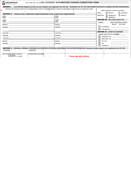 Fillable Form Rev-1705r - Tax Account Information Change/correction Form Printable pdf
