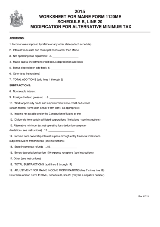Worksheet For Maine Form 1120me (Schedule B, Line 20) - Modification For Alternative Minimum Tax - 2015 Printable pdf