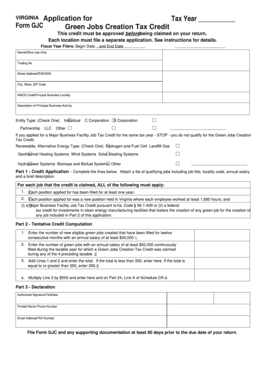 Fillable Form Gjc - Application For Green Jobs Creation Tax Credit Printable pdf