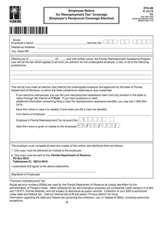 Fillable Form Rts-6b - Employee Notice For Reemployment Tax Coverage (Employer
