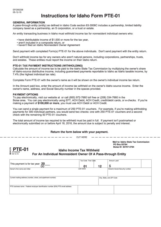 Form Pte-01 - Idaho Income Tax Withheld For An Individual Nonresident Owner Of A Pass-Through Entity Printable pdf