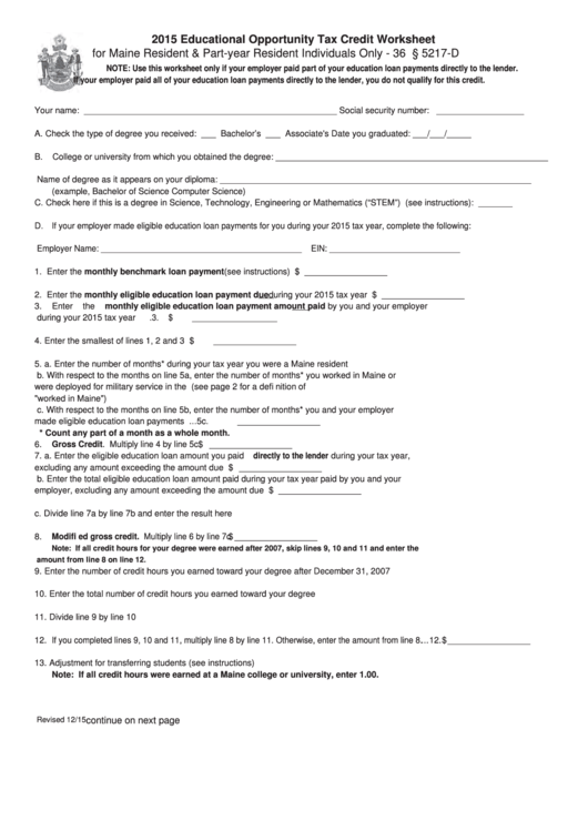 Maine Educational Opportunity Tax Credit Worksheet - 2015 Printable pdf