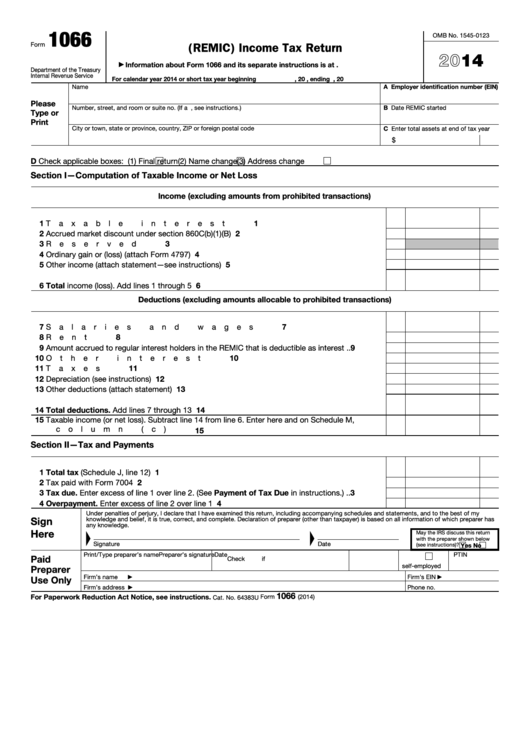 Fillable Form 1066 - U.s. Real Estate Mortgage Investment Conduit (Remic) Income Tax Return - 2014 Printable pdf