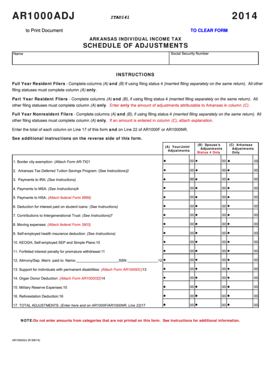 Fillable Form Ar1000adj - Arkansas Schedule Of Adjustments - 2014 Printable pdf