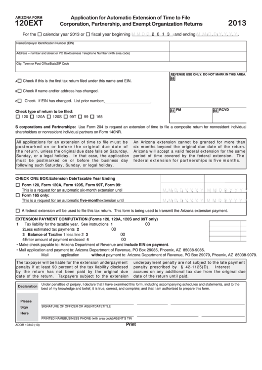 Fillable Form 120ext - Arizona Application For Automatic Extension Of Time To File Corporation, Partnership, And Exempt Organization Returns - 2013 Printable pdf