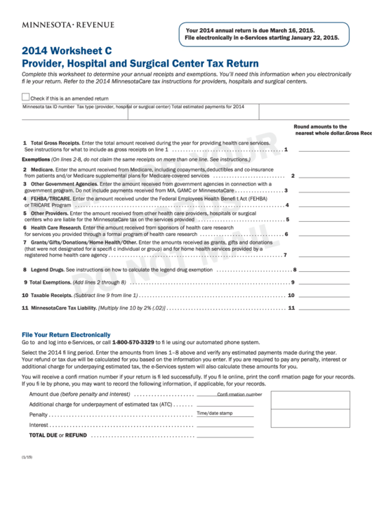 Worksheet C - Minnesota Provider, Hospital And Surgical Center Tax Return - 2014 Printable pdf