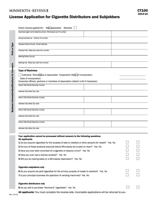 Fillable Form Ct100 - License Application For Cigarette Distributors And Subjobbers Printable pdf