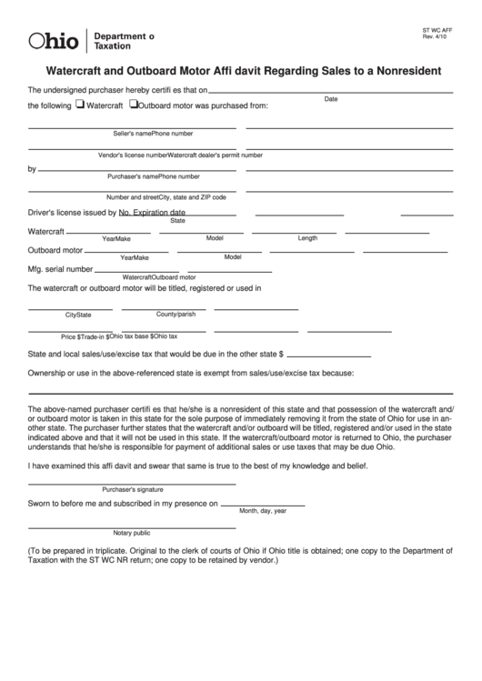 Fillable Form St Wc Aff - Watercraft And Outboard Motor Affidavit Regarding Sales To A Nonresident Printable pdf