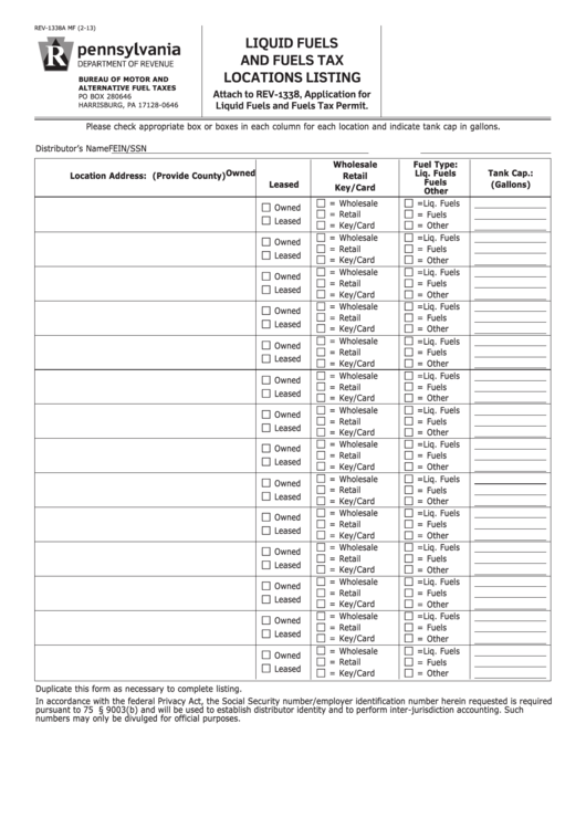 Fillable Form Rev-1338a - Liquid Fuels And Fuels Tax Locations Listing Printable pdf