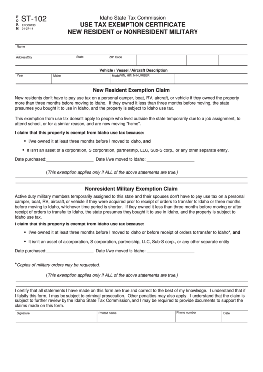 Fillable Form St-102 - Use Tax Exemption Certificate New Resident Or Nonresident Military Printable pdf