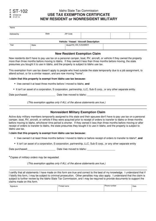 Fillable Form St 102 Use Tax Exemption Certificate New Resident Or 