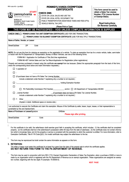 Fillable Form Rev-1220 - Pennsylvania Exemption Certificate Printable pdf