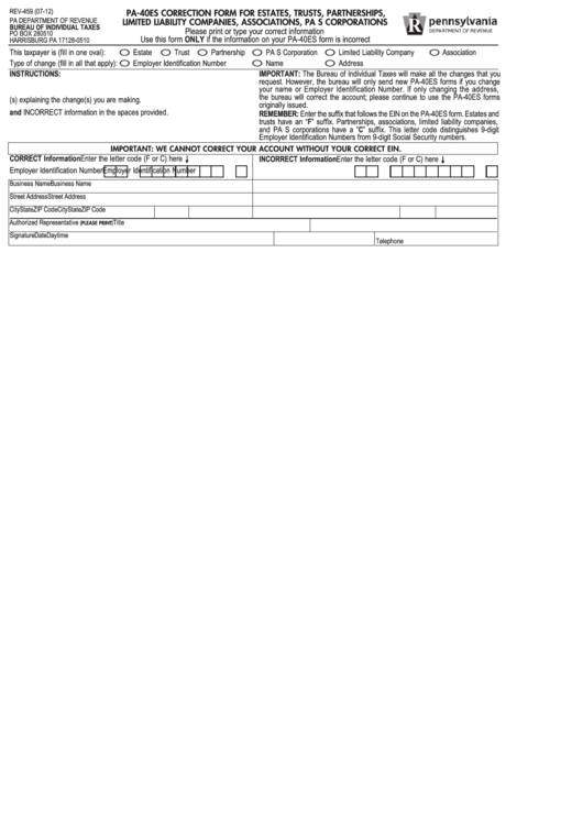 Form Pa-40es - Pennsylvania Correction Form For Estates, Trusts, Partnerships, Limited Liability Companies, Associations, Pa S Corporations Printable pdf