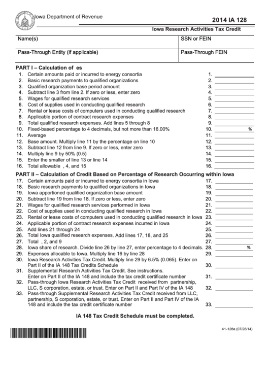 Fillable Form Ia 128 - Iowa Research Activities Tax Credit - 2014 Printable pdf