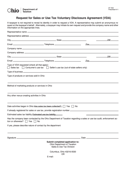Fillable Form St Vda - Request For Sales Or Use Tax Voluntary Disclosure Agreement (Vda) Printable pdf