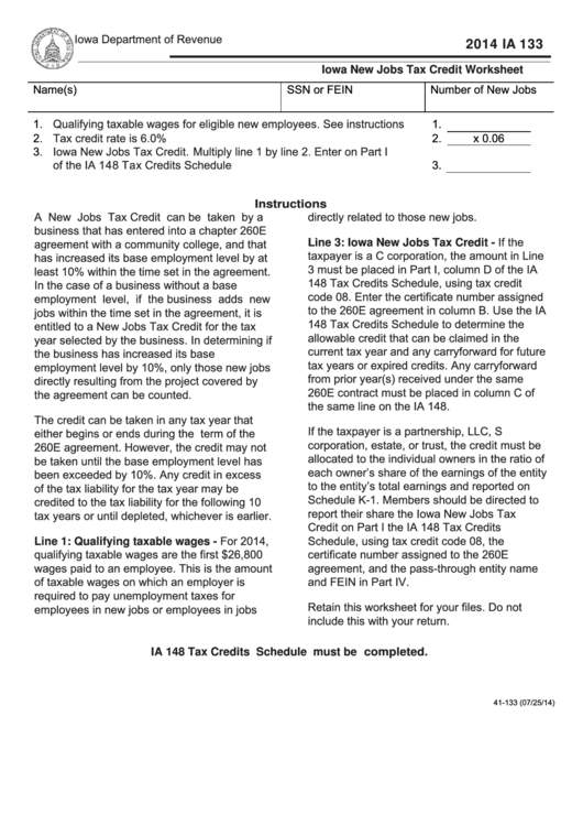 Form Ia 133 - Iowa New Jobs Tax Credit Worksheet - 2014 Printable pdf