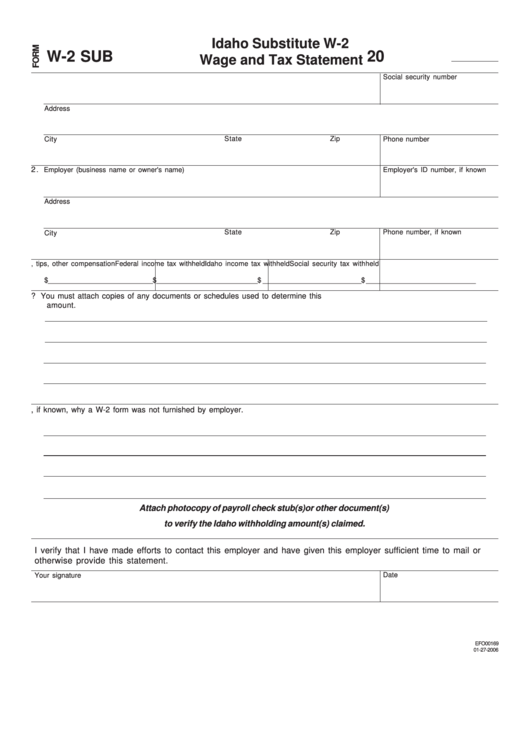 Form W-2 Sub - Idaho Substitute W-2 Wage And Tax Statement Printable pdf