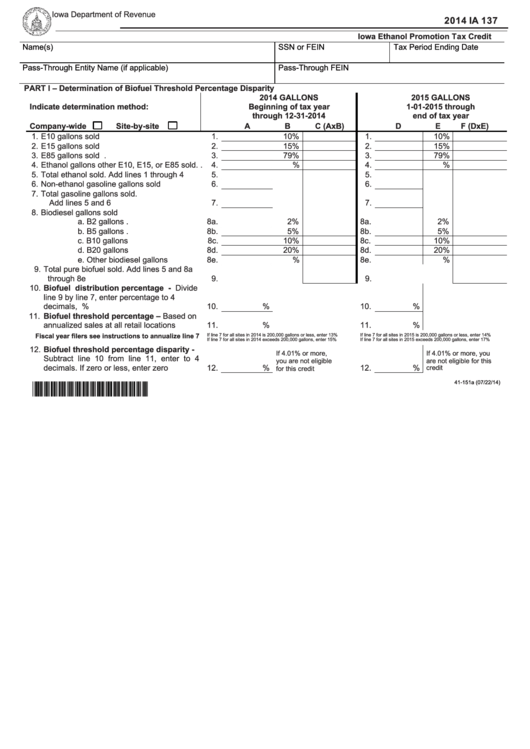 Fillable Form Ia 137 - Iowa Ethanol Promotion Tax Credit - 2014 Printable pdf