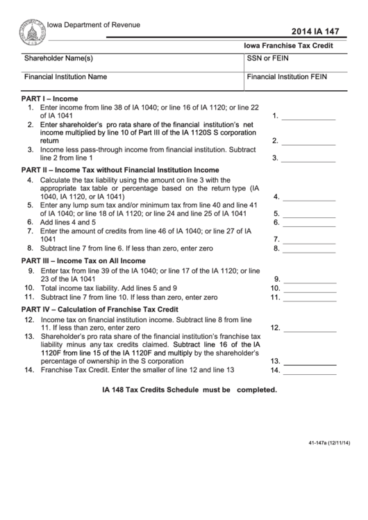 Fillable Form Ia 147 - Iowa Franchise Tax Credit - 2014 Printable pdf