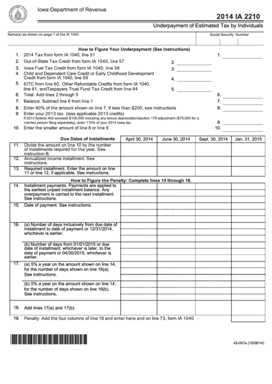Fillable Form Ia 2210 - Underpayment Of Estimated Tax By Individuals - 2014 Printable pdf