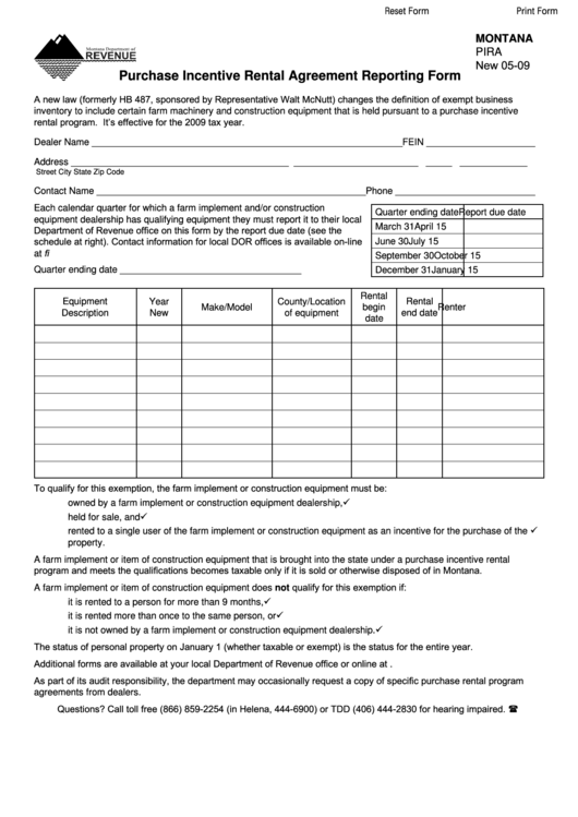Fillable Form Pira - Purchase Incentive Rental Agreement Reporting Form Printable pdf
