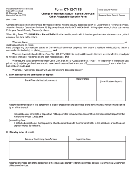 Form Ct-12-717b - Connecticut Change Of Resident Status Special Accruals Other Acceptable Security Form Printable pdf