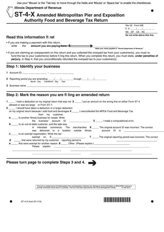 Fillable Form St-4-X - Amended Metropolitan Pier And Exposition Authority Food And Beverage Tax Return Printable pdf