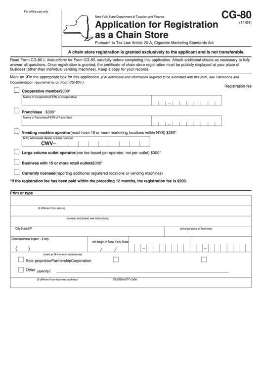Form Cg-80 - Application For Registration As A Chain Store Printable pdf