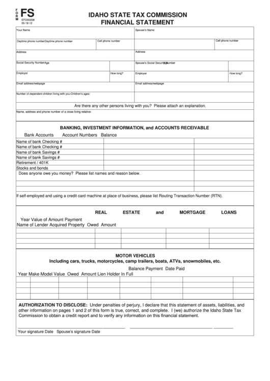 Fillable Form Fs - Idaho State Tax Commission Financial Statement Printable pdf