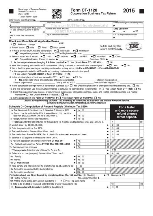 Form Ct-1120 - Corporation Business Tax Return - 2015 Printable pdf