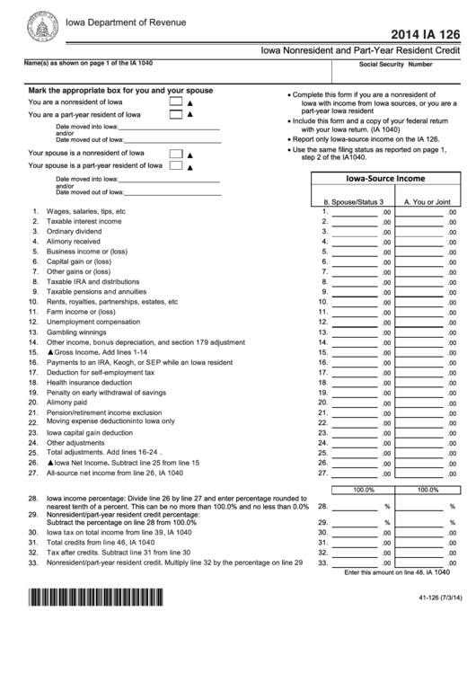 Fillable Form Ia 126 - Iowa Nonresident And Part-Year Resident Credit - 2014 Printable pdf