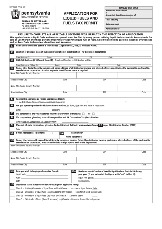 Form Rev-1338 - Application For Liquid Fuels And Fuels Tax Permit Printable pdf