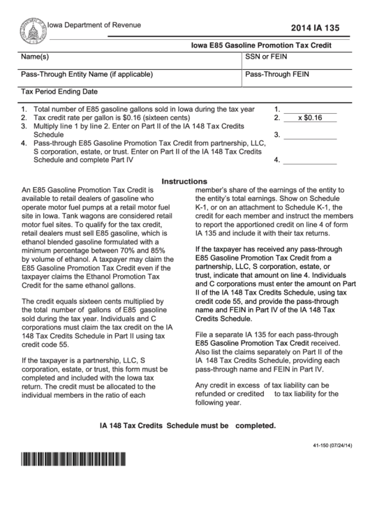 Fillable Form Ia 135 - Iowa E85 Gasoline Promotion Tax Credit - 2014 Printable pdf