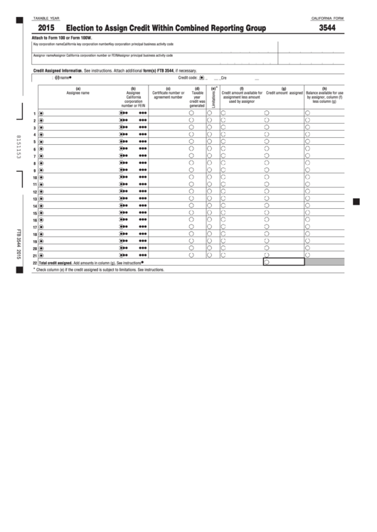 Fillable Form 3544 - California Election To Assign Credit Within Combined Reporting Group - 2015 Printable pdf