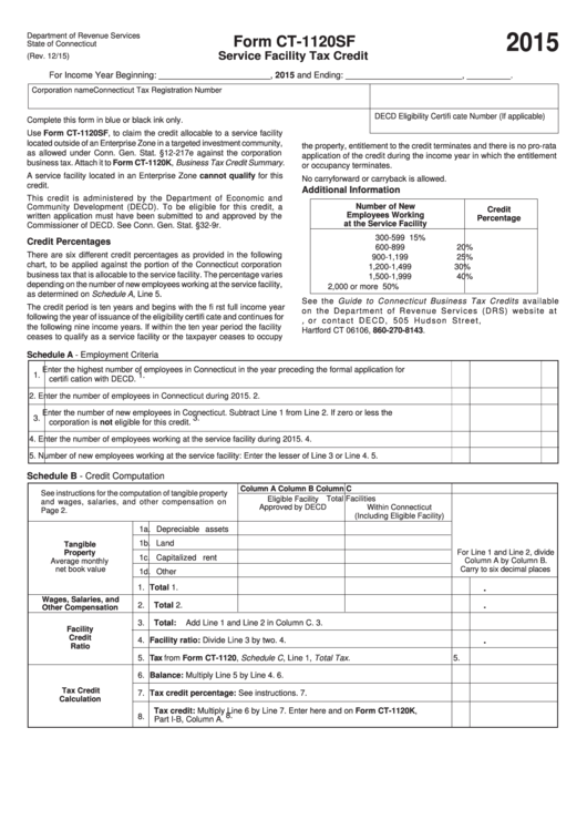 Form Ct-1120sf - Service Facility Tax Credit - 2015 Printable pdf
