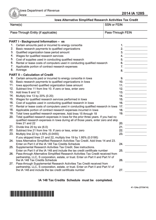 Fillable Form Ia 128s - Iowa Alternative Simplified Research Activities Tax Credit - 2014 Printable pdf