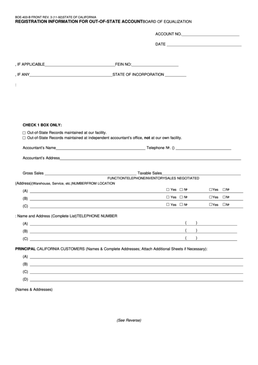 Fillable Form Boe-403-B - Registration Information For Out-Of-State Account Printable pdf