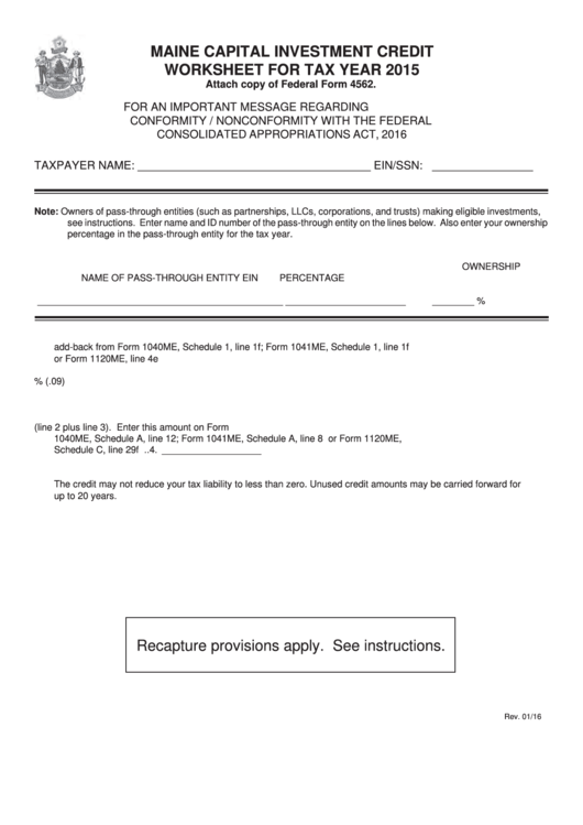 Maine Capital Investment Credit Worksheet For Tax Year 2015 Printable pdf