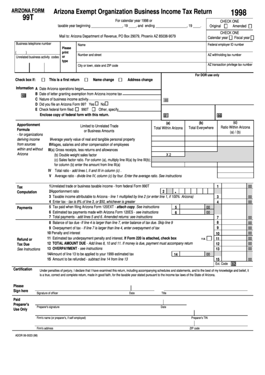 Fillable Arizona Form 99t - Arizona Exempt Organization Business Income Tax Return - 1998 Printable pdf