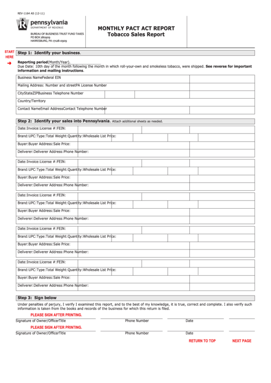 Fillable Form Rev-1164 - Monthly Pact Act Report Printable pdf